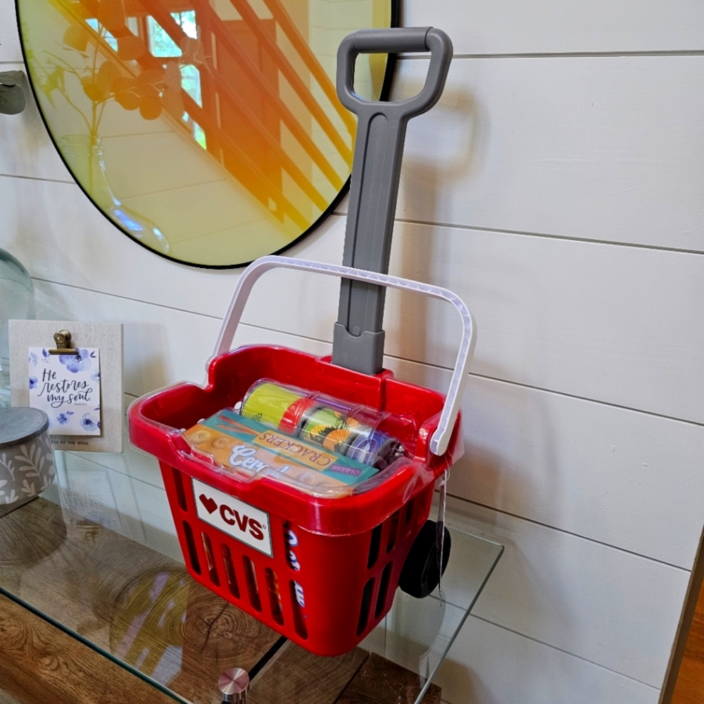 CVS Supermarket Shopping Cart Toy With Retractable Handles & Wheels Faux Food